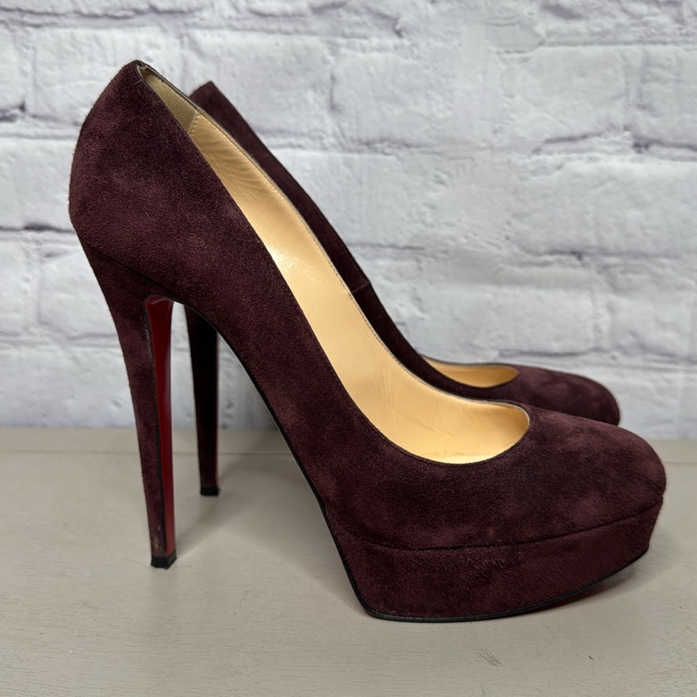 Christian Louboutin Burgundy Suede Platform Pumps with Red Soles